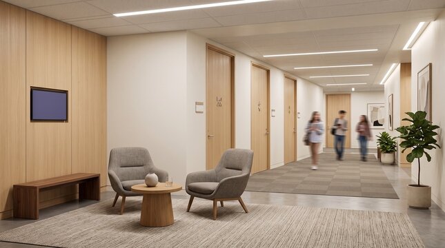 Minimalist office waiting area features comfortable gray armchairs arranged around a round wooden table within a bright professional corridor with people walking by in blurred motion