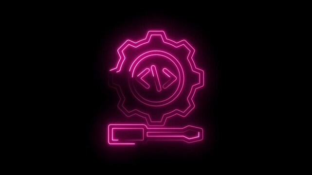Neon pink coding gear and screwdriver icon glowing on black background representing software