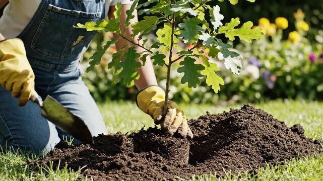 Gloved gardener sets young oak sapling into fresh soil, shaping mound with hand trowel. Denim overalls and bright yellow gloves stand out against green grass and soft floral bokeh outdoors.