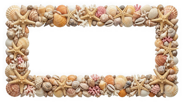 Seashell Frame Decorated with Starfish, Shells, and Coral Elements. Coastal Design, Nautical Theme, Decorative Border