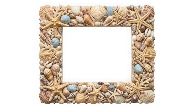 Seashell Frame Decorated with Starfish, Shells, and Pebbles, a Coastal Design Element