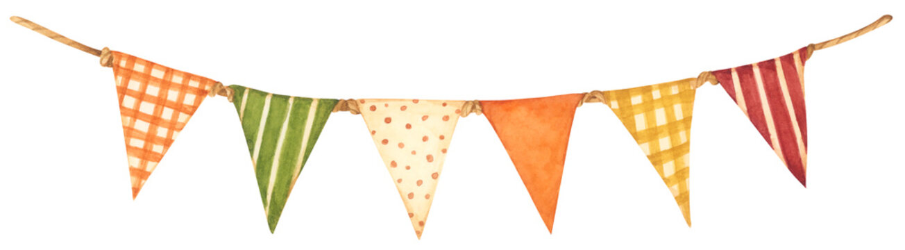 Autumn bunting watercolor, hanging triangle flags, cozy garland banner for Thanksgiving celebration, harvest festival.