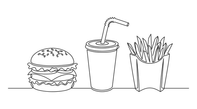 Fast food vector illustration with hamburger drink and fries line art french fries junk food continuous lin