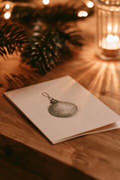 Handmade Christmas card featuring a hand-drawn ornament on textured paper