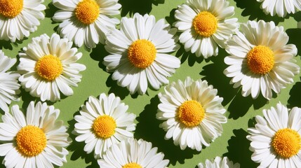 Obraz premium Fresh spring daisies creating a botanical pattern background. Ideal for advertising layouts, packaging, social media visuals and eco lifestyle concepts 