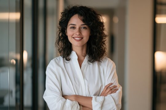 Happy, successful female leader posing in a contemporary hallway with direct gaze
