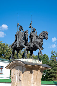 DMITROV, RUSSIA - JULY 01, 2026: Monument to the Holy Princes Boris and Gleb in close-up. Dmitrov, Moscow region (vertical)