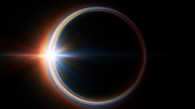 High-contrast light flare with rainbow rings and glow on solid black surface