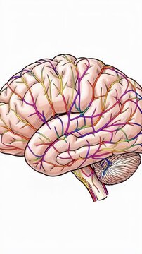 Detailed brain diagram with colored neural pathways
