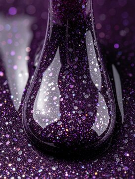 Purple glitter nail polish drips in macro. Shiny liquid forms abstract shapes with sparkling particles. Cosmetic texture reflects light in studio setting.