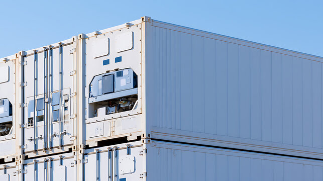 Stack of white refrigerated cargo containers against a clear blue sky, ideal for international trade, shipping, logistics, and supply chain
