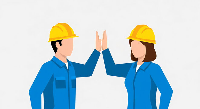 Pekerja konstruksi melakukan selebrasi high five