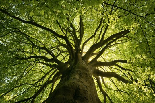 Low-angle photograph of a beech tree in spring, fresh green foliage along the trunk with branch networks like veins