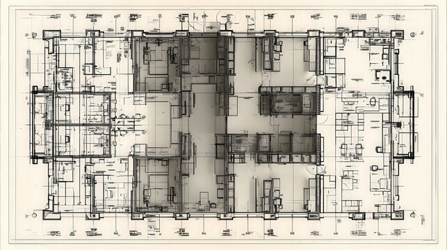 Detailed architectural blueprint of a modern building floor plan with intricate lines and technical drawings. Ideal for real estate development and urban planning concepts.