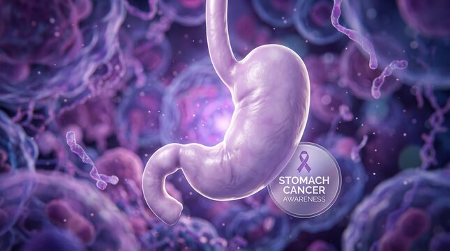 Human stomach organ rendered in high definition 3d floating against a dark abstract microscopic background with soft purple lighting and a stomach cancer awareness symbol