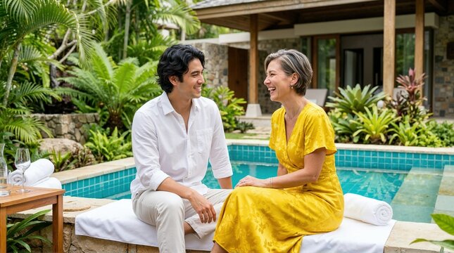Happy couple with an age gap relaxing by a tropical pool. Mature woman and young man enjoying a summer vacation together