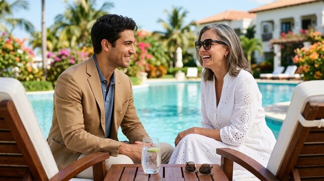 Happy couple with an age gap relaxing by a tropical resort pool. Mature woman and young man enjoying a summer vacation