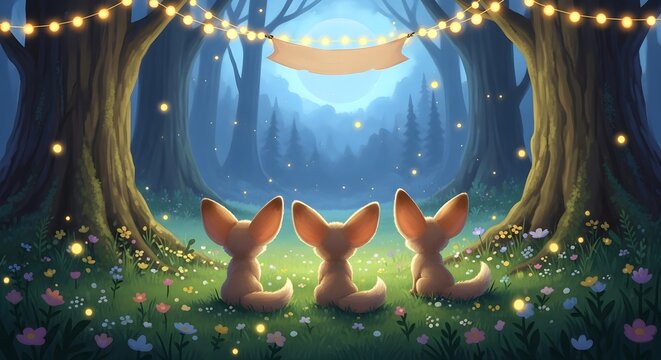 Three cute fennec foxes sitting in an enchanted glowing forest at night under string lights.
