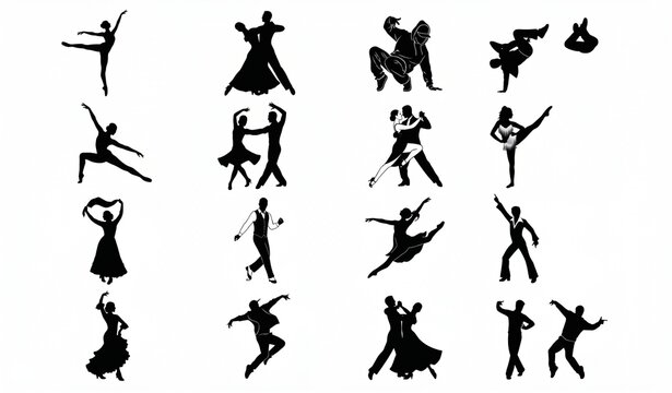Dancing People Ballet Hip Hop Tango and Contemporary Black Silhouette Vector