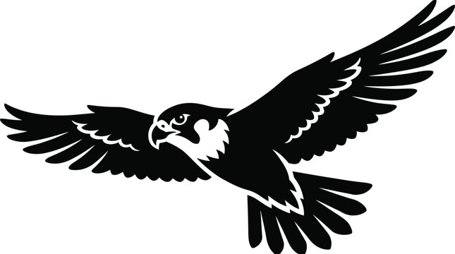 Peregrine Falcon in Flight Silhouette &ndash; Flying Bird of Prey Raptor Icon, Black Cutout Wild Hunting Bird Vector, Isolated on White