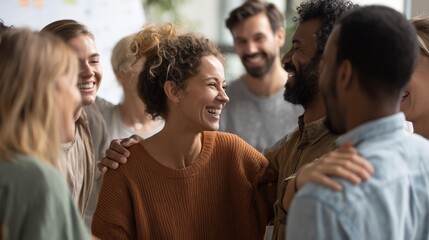 Obraz premium Diverse group of colleagues standing in circle hugging and laughing together