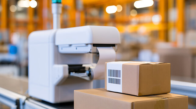Modern automated parcel labeling machine on conveyor belt in large warehouse distribution center with cardboard boxes for shipping logistics