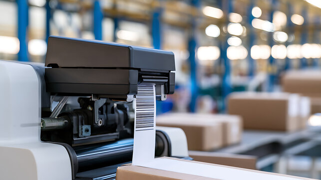 Industrial barcode printer machine producing adhesive label sticker on cardboard box in modern distribution fulfillment warehouse store