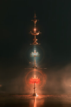 Vertical centered three antique lamps, golden Tang palace lamp, cyan Taoist lotus lamp, cinnabar Buddhist eternal lamp, overlapping soft halos, dark background, three realms healing oriental zen poste