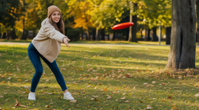 Young Woman Throwing Red Flying Disc in Autumn Park