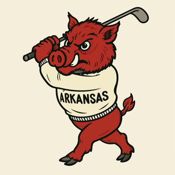 Angry red razorback hog character wearing university sweater while holding a golf club for sporty competition