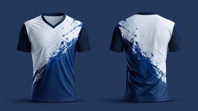 Front and back views of a blue and white sports t-shirt mockup with abstract splash design. Ideal for custom sportswear branding and apparel design.