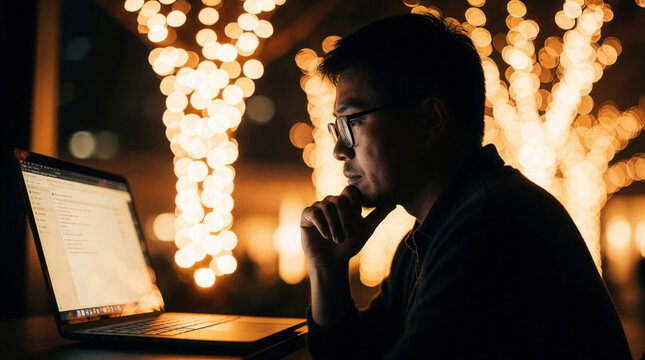 Concentrated man looks at laptop screen in dark room. Young pro male thinks deeply working at night. Silhouetted person uses computer for research coding. Warm bokeh lights background creates cozy