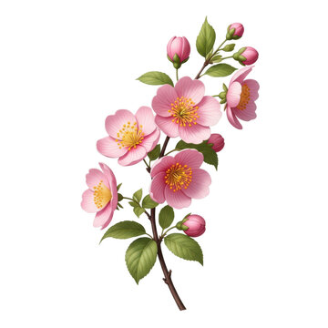 Pink cherry blossom flowers on green branch