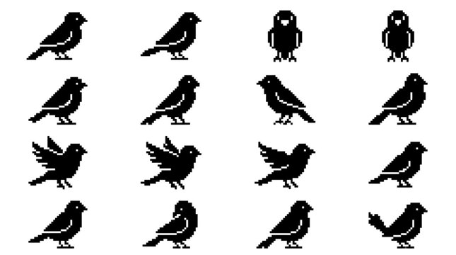 Bird silhouette variety in pixel art.