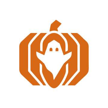 Orange pumpkin logo with white ghost silhouette for Halloween