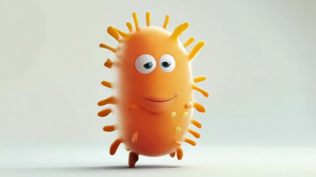 Cute orange cartoon bacteria character with big eyes walking on a light background, friendly microbe mascot, probiotics and health education.