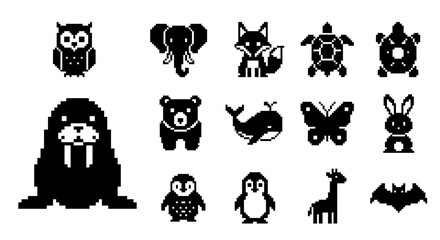 Obraz premium Black and white pixel art animal icons on white background