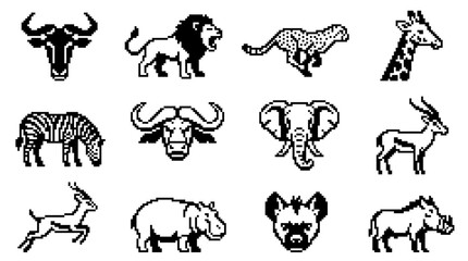 Fototapeta premium Black and white pixel art icons of African safari animals
