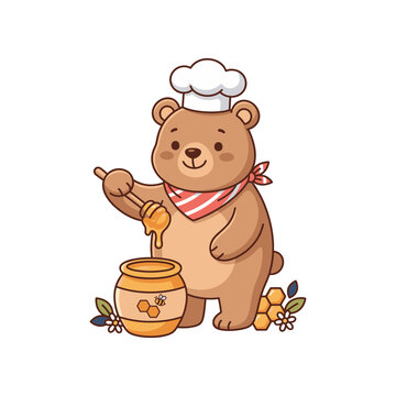 Cute bear chef character with honey jar and dipper illustration