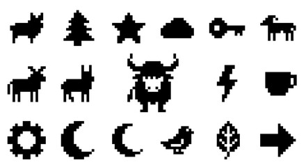 Fototapeta premium Black pixel art animal and environment icons.