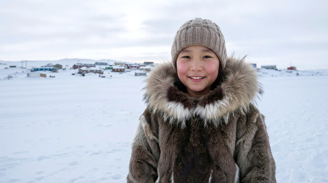 A smiling young indigenous child wearing traditional fur clothing and a knit hat stands in a snowy arctic village landscape, expressing joy and cultural heritage in a cold winter environment.