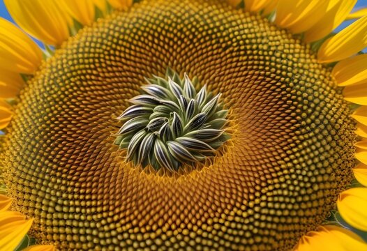 Close-up of a sunflower's spiral seed pattern, bright warm midday sun