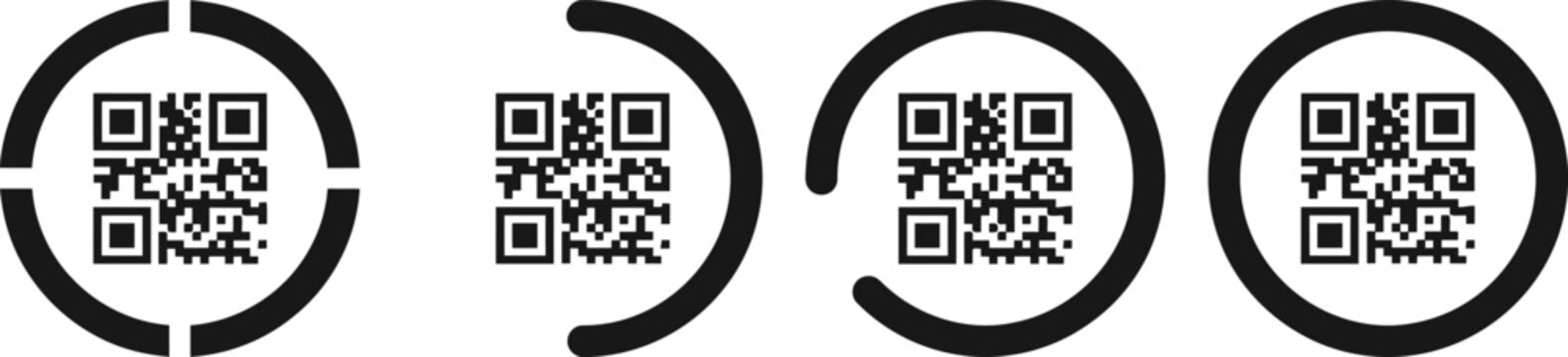 Minimalist QR code icon set with circular loading frames. Digital scan symbols for mobile payment and web links. Black vector UI elements.