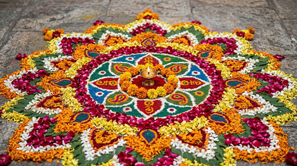 Obraz premium Elaborate floral rangoli floor art with lit diya lamp in the center