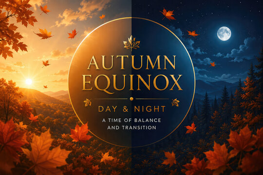 Autumn Equinox Day and Night Concept with Falling Leaves, Seasonal Transition and Balanced Nature Design