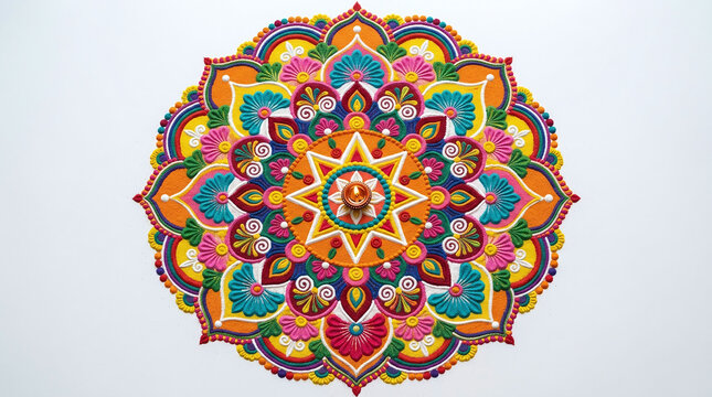 Colorful circular mandala pattern made with powders and flower petals