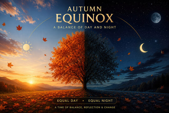 Autumn Equinox Day and Night Concept with Falling Leaves, Seasonal Transition and Balanced Nature Design