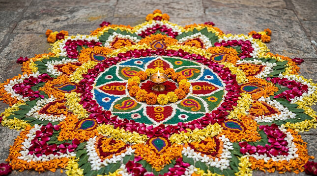 Elaborate floral rangoli floor art with lit diya lamp in the center