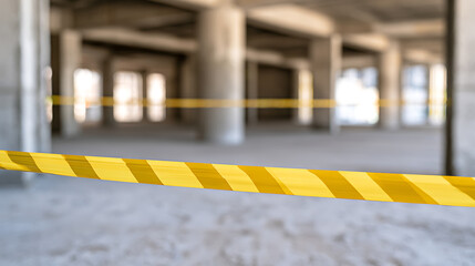 Naklejka premium Yellow caution tape barrier block access to unfinished concrete construction site indoor room space with large pillars and bright window light