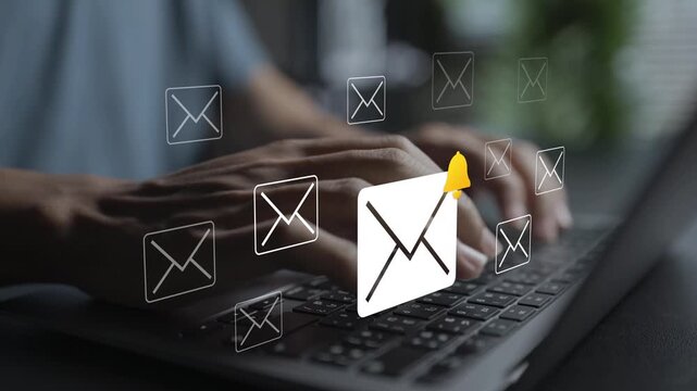 Email marketing and new message notification concept. Person using laptop with mail envelope, alert bell icons, target, digital newsletter campaign and customer communication.